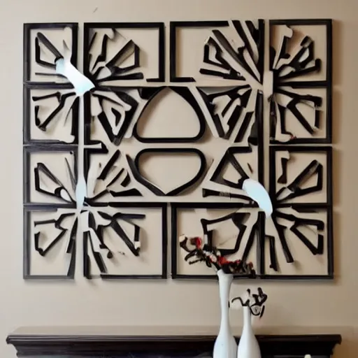 Prompt: a high quality photo of hanging wall art, 3D collage, intersecting, hearts and circles made of various hard woods, overlapping, layered, trending on Pinterest.