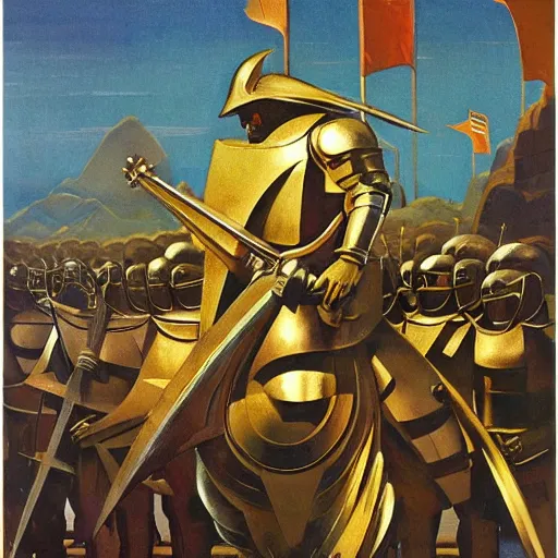 Image similar to a painting of shining metal medieval armors soldiers by bruce pennington nicholas roerich, by frank frazetta, by amazon, by georgia o keeffe, reflective metallic