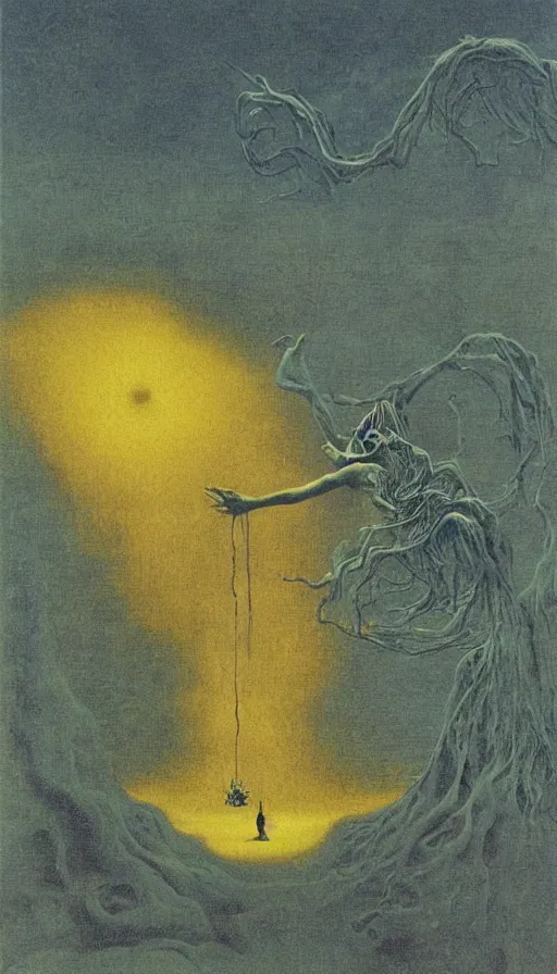 Image similar to forbidden knowledge, madness, the eldritch king in yellow by beksinski, tarot card, strange frames, ghibli by rene magritte and salvadore dali