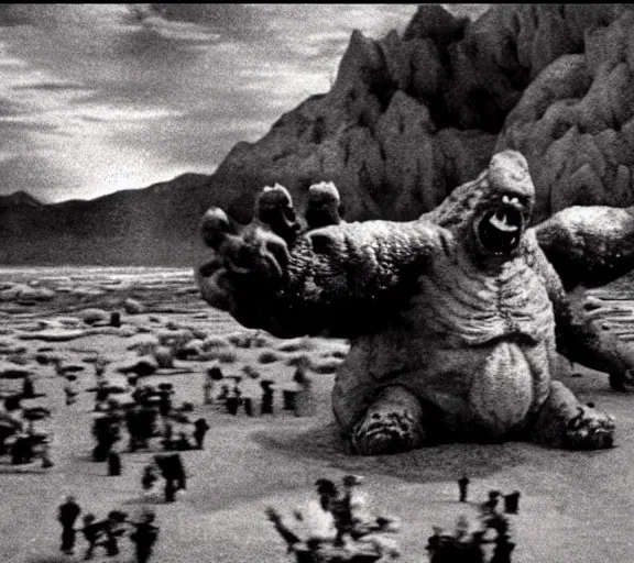 Prompt: Pulgasari the North Korean monster, volumetric lighting, filmstill, produced by Kim Jong-il, Kodachrome, kaiju-eiga, starfish monster movie, communist propaganda, film noir, 35mm film grain, Cooke Varotal 20-100mm T3.1