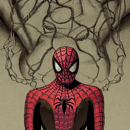 Prompt: dark portrait of a majestic Spiderman, ultra-detailed pen and ink illustration, vibrant colour, cannabis!!!!, matte painting, modern concept art, 8k, impossible fine lines and details, divine background, by John Kenn Mortensen