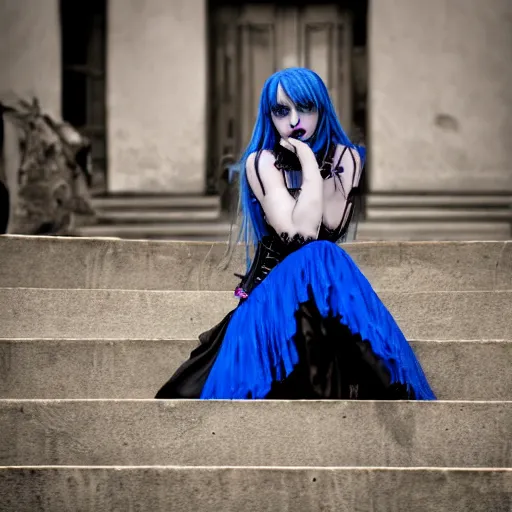 Image similar to Artistic photo of a goth girl in a corset sitting on stone stairs. She has blue hair.