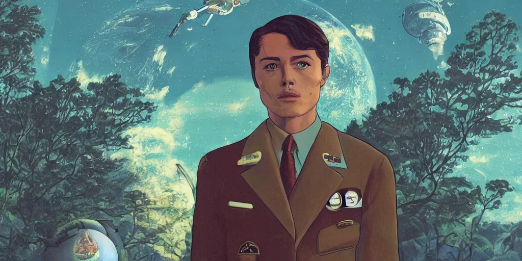 Image similar to portrait of Alain Delon pilot in spacesuit on field forrest spaceship station, artillery, lake, planet surface in outer worlds in FANTASTIC PLANET La planète sauvage animation by René Laloux