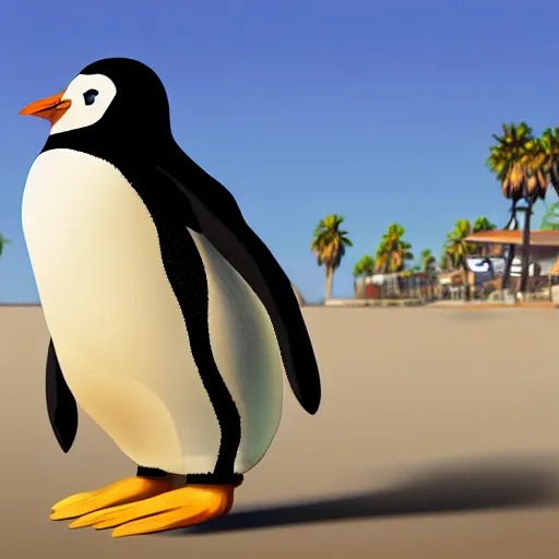 Image similar to anthropomorphic fat penguin, GTA 5 loading screen, Santa Monica Beach, concept art, trending in artstation, artstationHD, artstationHQ