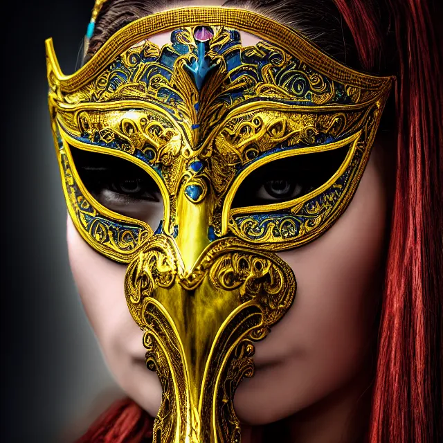 Image similar to female warrior with ornate venetian mask highly detailed, 4 k, hdr, close up, portrait, smooth, sharp focus, high resolution, award - winning photo