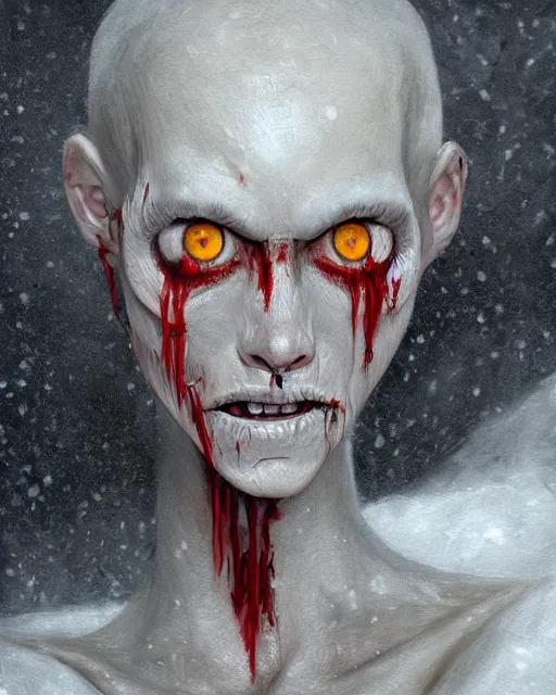 Prompt: Horrifying detailed painting of a pale, emaciated humanoid creature. It has sharp teeth and claws with pale milky eyes; snow, woods, blood; dark cinematic lighting, hyper detailed, moody; painted by Greg Rukowtski, trending on Artstation