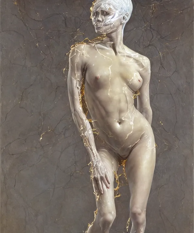 Image similar to Beautiful full-body wax sculpture of glowing transparent woman with visible gold bones covered with melted white wax inside the singularity where stars becoming baroque folds of dark matter by Michelangelo da Caravaggio, Nicola Samori, William Blake, Alex Grey and Beksinski, dramatic volumetric lighting, highly detailed oil painting, 8k, masterpiece