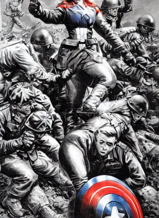 Image similar to female captain america standing on a pile of defeated german soldiers. wwii american propaganda poster by james gurney