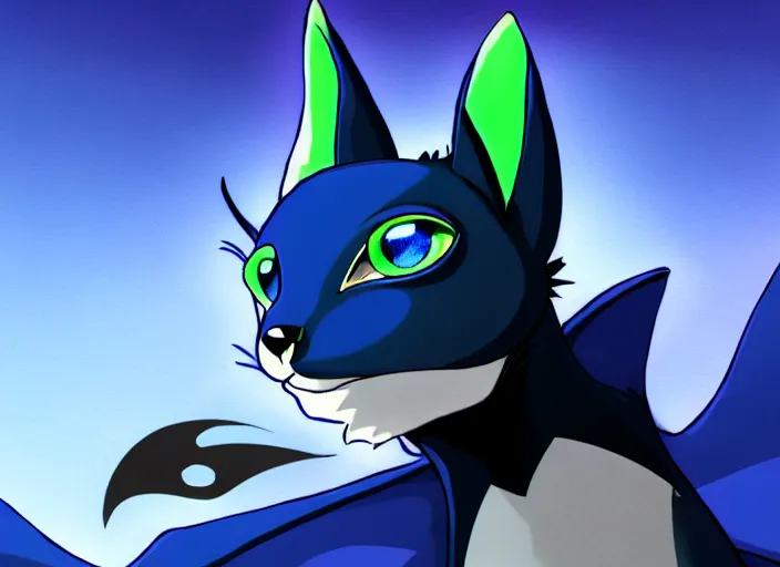 Image similar to a blue - and - black male catbat fursona with blue / green heterochromatic eyes ( differently - colored eyes, one eye green, one eye blue ) and huge bat ears, photo of the catbat streaming on his computer