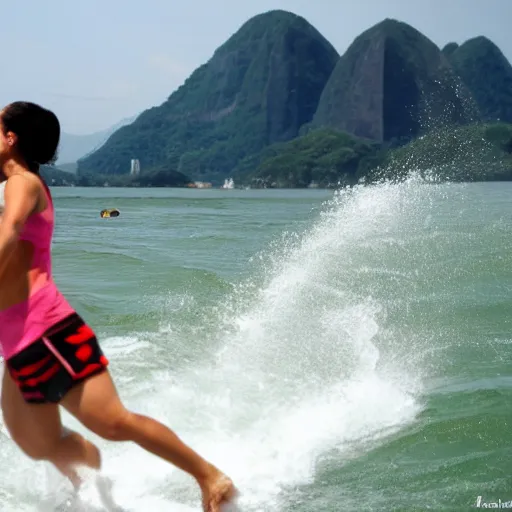 Image similar to garota aproveitando as ondas de niteroi, pulando se divertindo