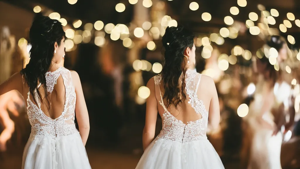 Image similar to a back view of a bride in a wedding dress looking at a dancing stage with bokeh light effect in the background