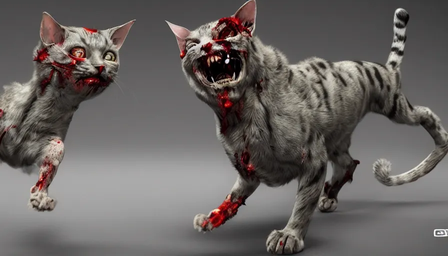 Image similar to Zombie cat running at the camera, hyperdetailed, artstation, cgsociety, 8k