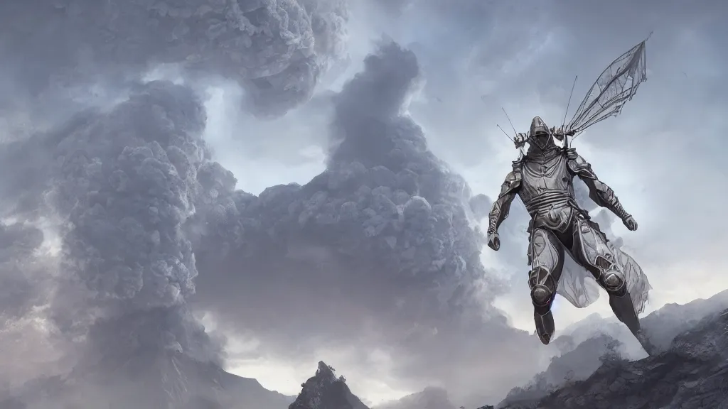 Image similar to a man in white armor flies from volcano , symmetry, intricate, highly detailed, artstation trending, ray tracing, cinematic, art by andrey surnov, concept art,