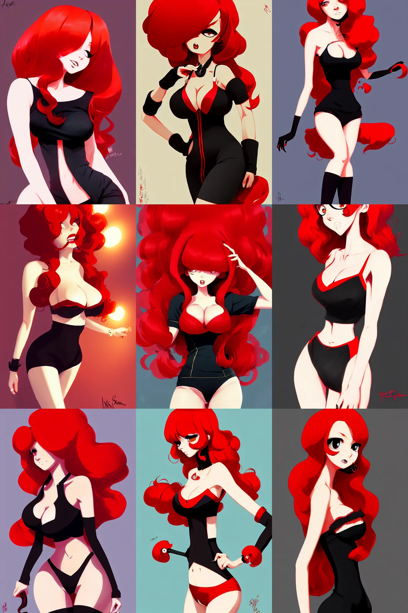 Prompt: gorgeous ms sara bellum with red hair and black anime eyes, wearing a camisole, perfect body red and black color palette, in the style of and ilya kuvshinov and greg rutkowski, high quality anime artstyle, intricate