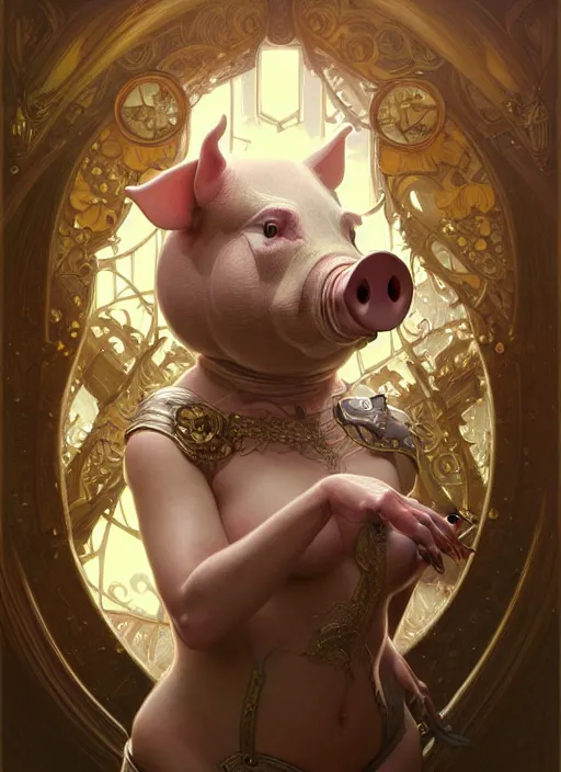 Prompt: robotic pig, d & d, wet, shiny, fantasy, intricate, elegant, extremely higly detailed, ultra definition, digital painting, artstation, baroque, concept art, smooth, sharp focus, illustration, art by artgerm and greg rutkowski and alphonse mucha