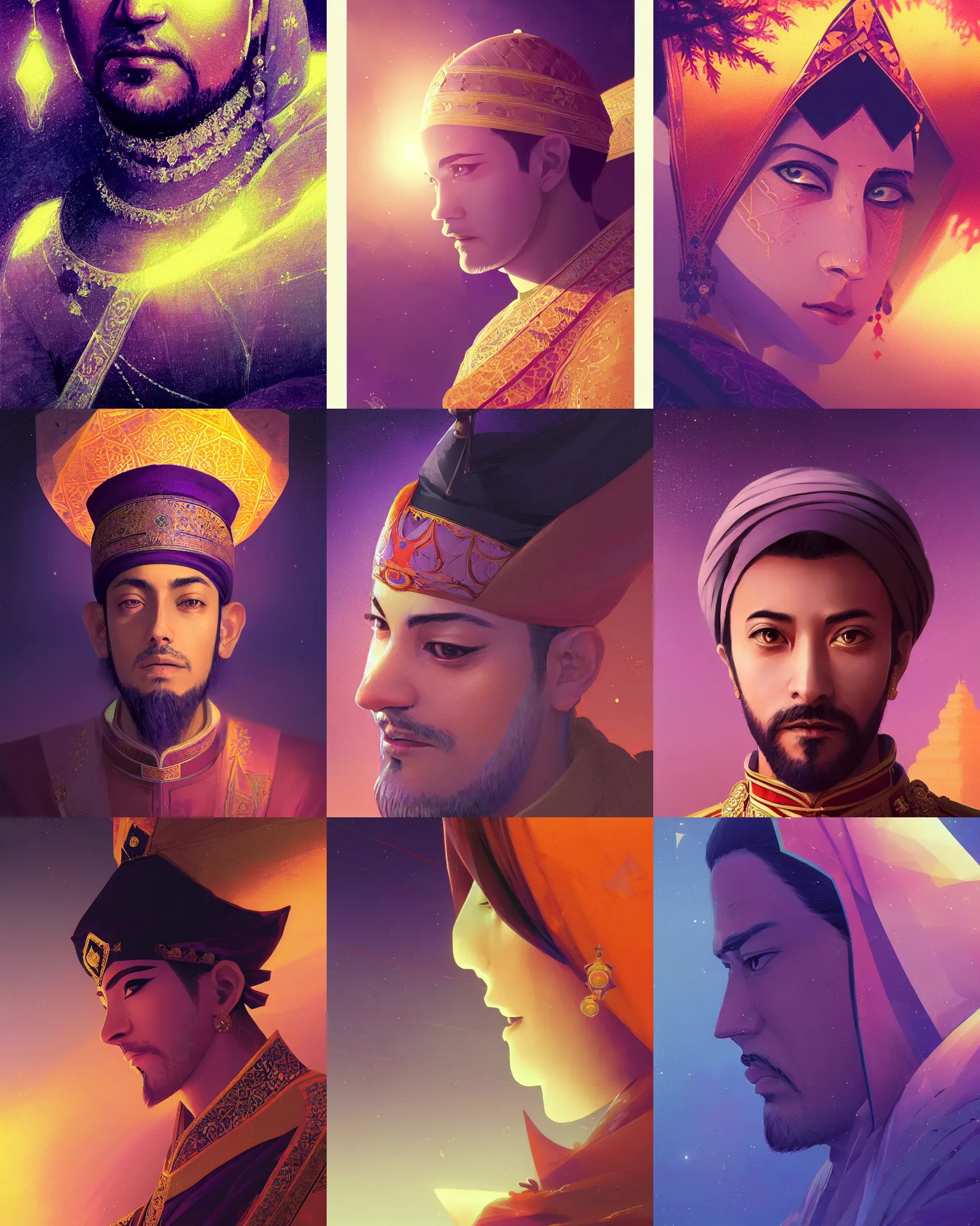 Prompt: portrait of a sultan, light dust, magnificent, close up, gradiant orange to purple, triangles in background, details, sharp focus, elegant, highly detailed, illustration, by Jordan Grimmer and greg rutkowski and PiNe(パイネ) and 薯子Imoko and 香川悠作 and wlop and maya takamura, intricate, beautiful, Trending artstation, pixiv, digital Art