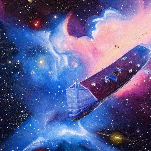 Prompt: a beautiful painting of a cargo ship in space near a nebula