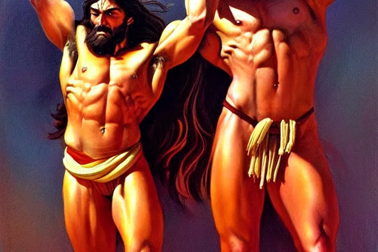 Prompt: jesus christ, a muscular long haired man in a toga. 1 9 8 0 s oil painting in the style of frank frazetta, boris vallejo. warm colors. detailed and hyperrealistic. concept art