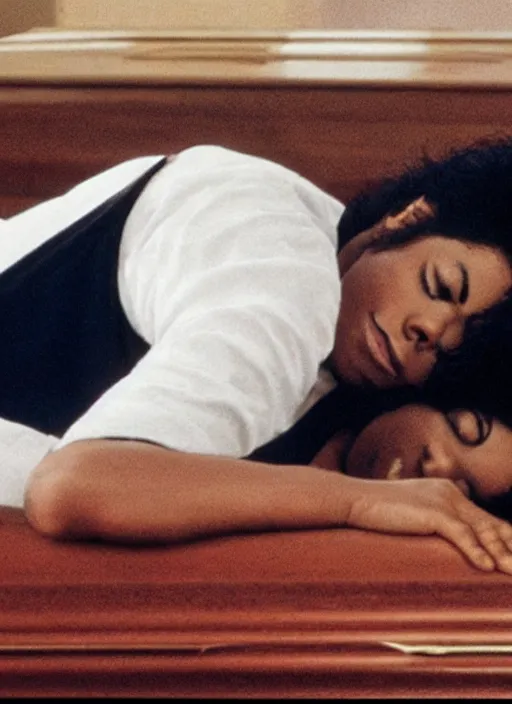 Image similar to photo still of michael jackson asleep inside a casket, full-shot, 4k