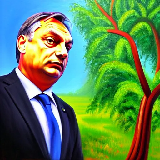 Image similar to viktor orban protecting a tree, oil painting