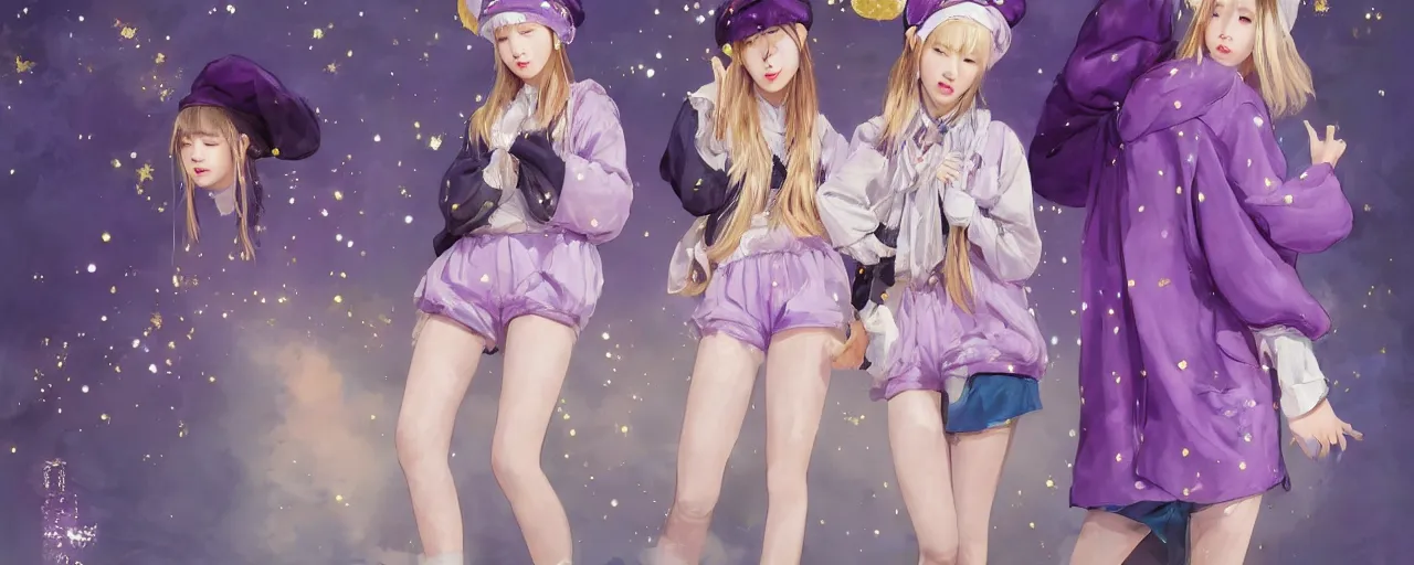 Image similar to Full View of a mysterious kpop girl group with short blond hair wearing an oversized purple Beret, Baggy Purple overall shorts, Short Puffy pants made of silk, silk shoes, a big billowy scarf, Golden Ribbons, white leggings Covered in stars. Short Hair. peasant magic. masterpiece 4k digital illustration by Ruan Jia and Mandy Jurgens and Artgerm and william-adolphe bouguereau, award winning, Artstation, art nouveau aesthetic, Alphonse Mucha background, intricate details, realistic, panoramic view, Hyperdetailed, 8k resolution, intricate art nouveau