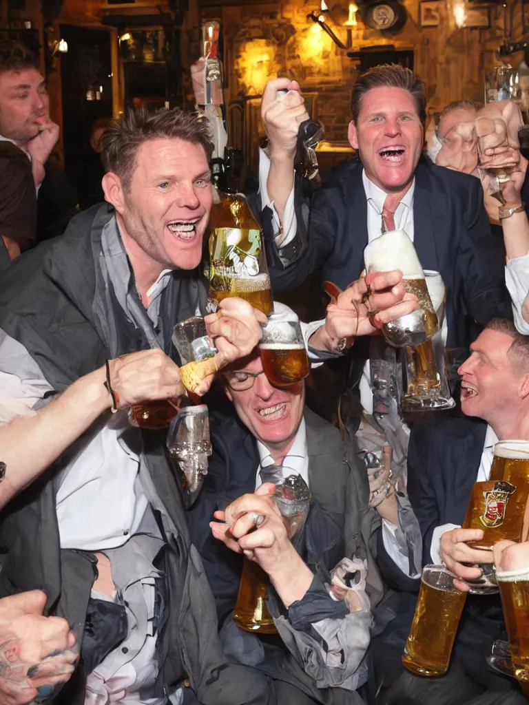 Prompt: Sir Kier Starmer laughing and drinking a big pint of lager