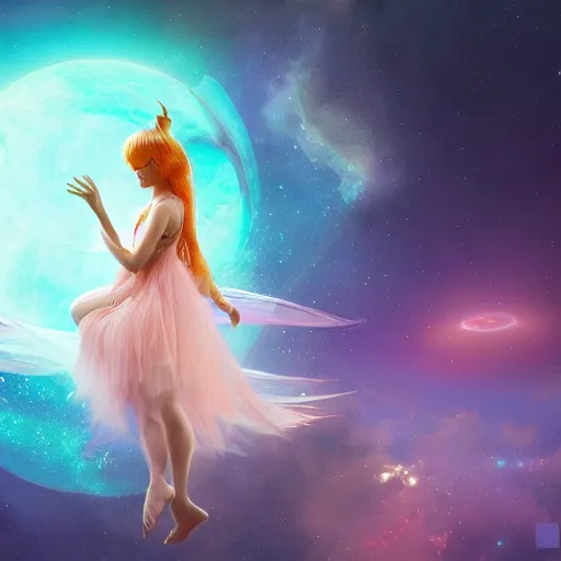 Image similar to magical fairy floating in space, epic cartoon portrait, beautiful, stunning concept art, highly detailed, galaxy background, rendered in octane, unreal engine, trending on artstation, realistic, diviantart, depth of field