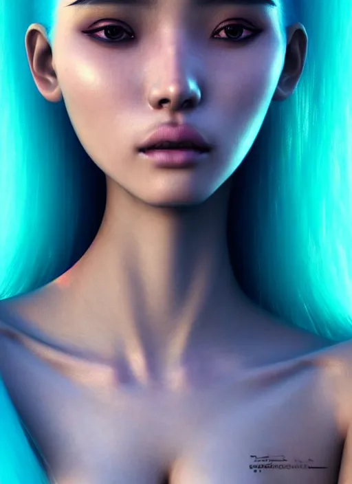 Prompt: photorealistic portrait of oriental female humanoid, soft hair, cyber neon lights warm turquoise cyan blue, highly detailed, cyberpunk high fashion, elegant, crispy quality, trending in artstation, trending in pinterest, glamor pose, no signature, no watermark, cinematic, art by pascal blanche