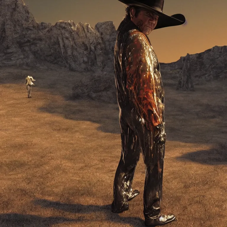 Image similar to 1 9 7 0's spaghetti western film octane render portrait by wayne barlow and carlo crivelli and glenn fabry, a man wearing a shiny black latex suit and cowboy hat covered in colorful slime, standing in a scenic western landscape, cinema 4 d, ray traced lighting, very short depth of field, bokeh