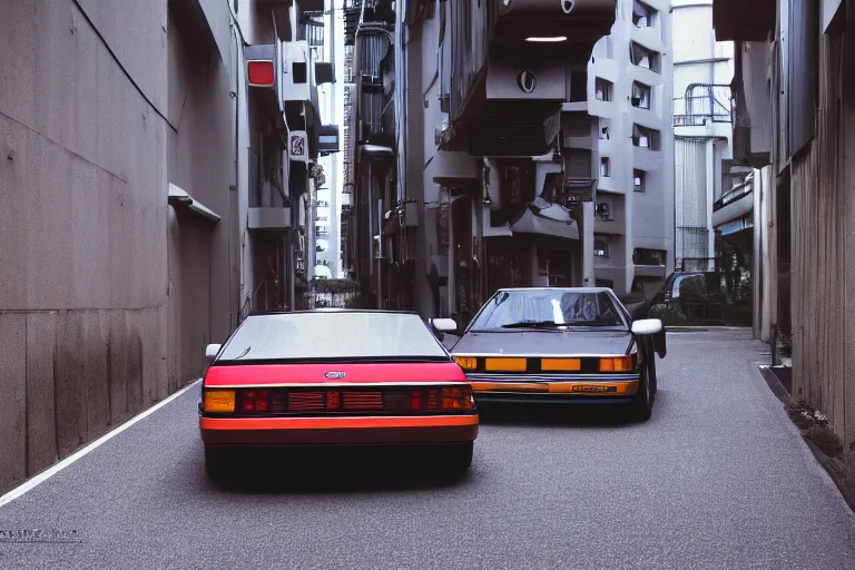 Prompt: a Giorgetto Giugiaro designed, single 1988 Audi Quattro, BMW M1 Lincoln Continental, parked in a Tokyo alley, volumetric lighting, f8 aperture, cinematic Eastman 5384 film