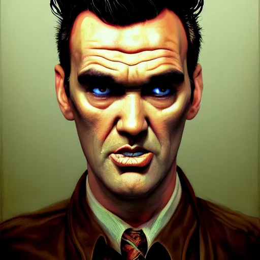 Image similar to portrait of a slim of morrissey as a zombie with a quiff, 7 days to die zombie, fine art, award winning, intricate, elegant, sharp focus, cinematic lighting, rimlight, digital painting, 8 k concept art, art by z. w. gu, art by brom, art by michael hussar, 8 k