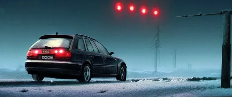 Image similar to Audi A4 B6 Avant (2002), a gritty neo-noir, dramatic lighting, cinematic, eerie person, death, homicide, homicide in the snow, gunshots, establishing shot, extremely high detail, photorealistic, red mist, arson, burning city, cinematic lighting, artstation, by simon stalenhag, Max Payne (PC) (2001) winter New York at night, In the style of Max Payne 1 graphic novel, flashing lights, Poets of the Fall - Late Goodbye