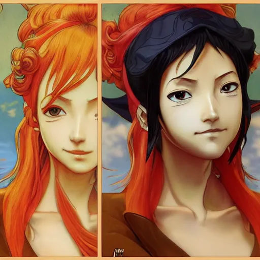 Image similar to intricately detailed vfx portrait of nami from one piece by eiichiro oda, makoto shinkai, alphonse mucha, art by artgerm and greg rutkowski, best of behance, concept art, matte, sharp focus, opulent, orange hair, elegant, adolphe bouguereau, annie leibovitz, stanley kubrick,