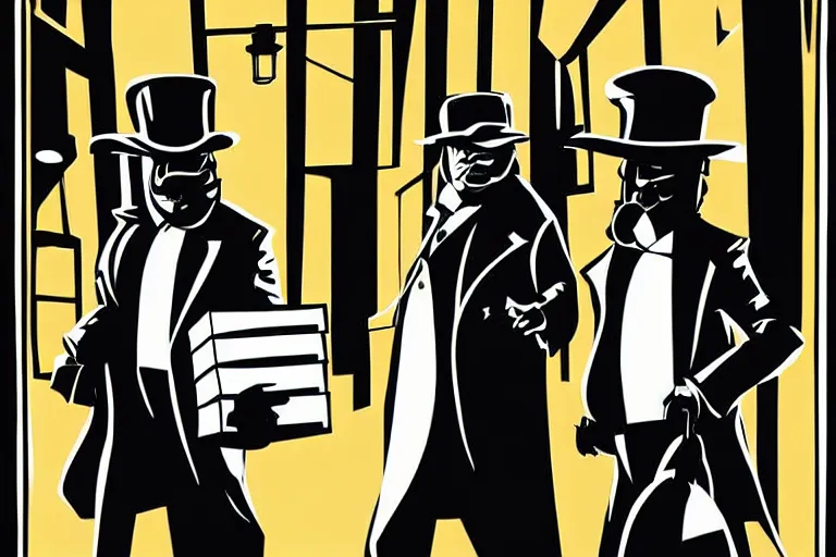 Prompt: poster matte shaded illustration of two donald trump and donald trump wearing trench coats and big black spy hats carrying boxes starring in spy vs spy