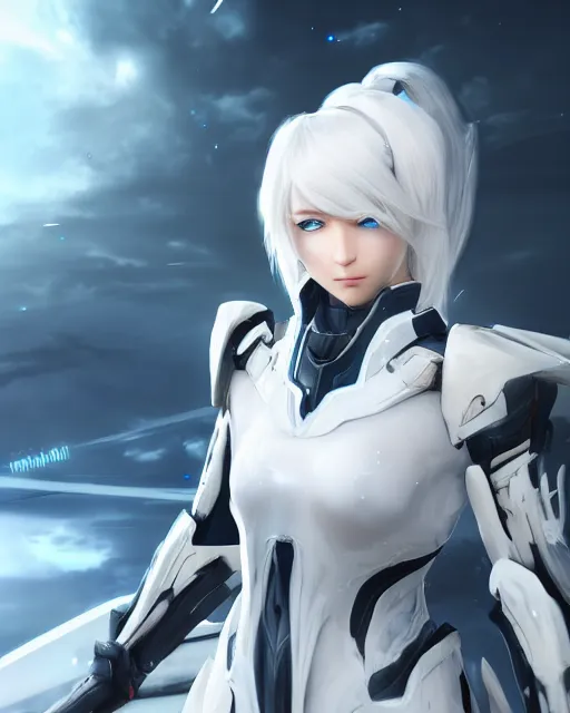 Image similar to perfect white haired girl, warframe armor, beautiful, pretty face, blue eyes, detailed, windy weather, scifi platform, laboratory, experiment, 4 k, ultra realistic, epic lighting, cinematic, high detail, masterpiece, akihito tsukushi