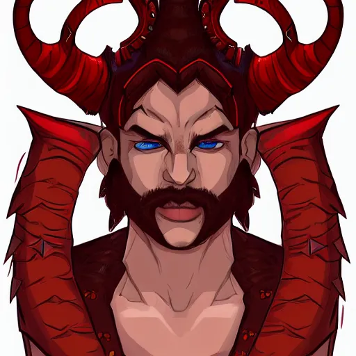 Prompt: dnd style portrait of a tiefling, male, red scales, red skin, a big black beard, completely golden eyes, 2 black ram horns growing out of his forehead,