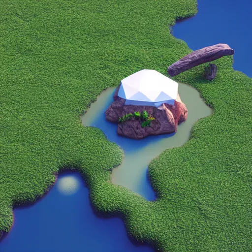 Image similar to a floating island on an aquatic environment isometric art, lago de sorapis landscape, low poly art, game art, artstation, 3D render, high detail, cgsociety, octane render