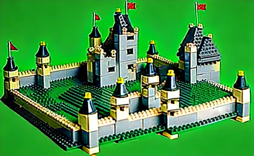 Prompt: a realistic detailed accurate Lego set of a medieval French castle on a green hill