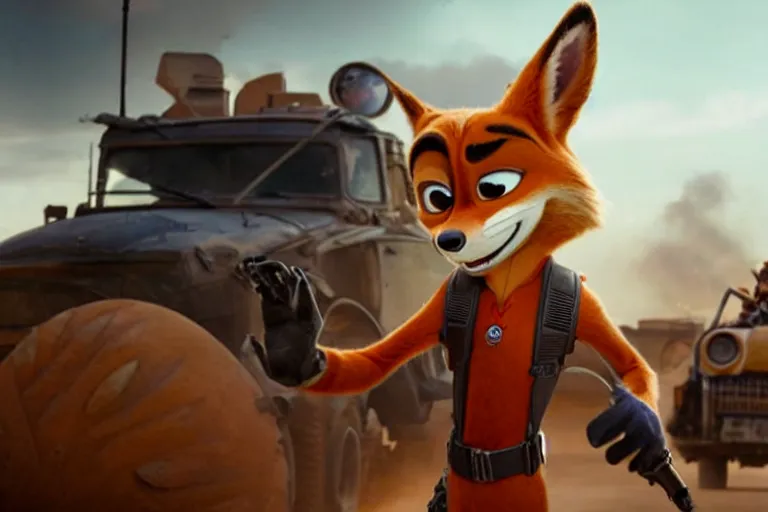 Image similar to nick wilde ( from zootopia ), heavily armed and armored facing down armageddon in a dark and gritty reboot from the makers of mad max : fury road