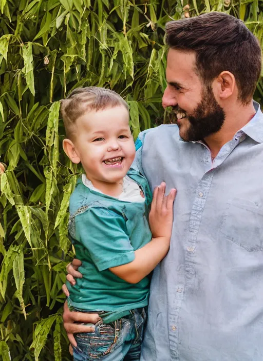 Prompt: half-lenght portrait of a father with a beautiful child, smiling at each other, wearing a shirt overgrown by maximalist baroque rococo mixed media plants. vibrant textures. matte matte background in pastel tones. HD 8x