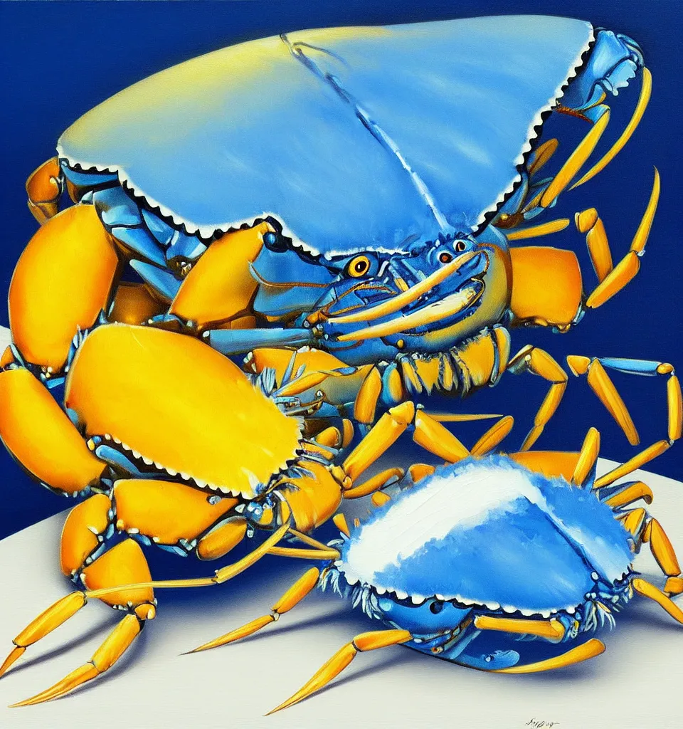Prompt: still life painting of a blue fat fish crab lobster dancing on a white table with a yellow laughing duck rabbit on a white table, high contrast lighting, impressionism, real fur, real feather