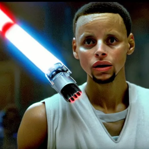 Prompt: A film still of Stephen curry in star wars holding a lightsaber