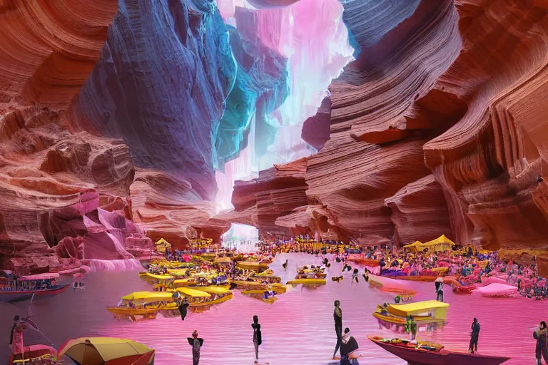 Image similar to floating markets of times square on new york on waters flowing down gold travertine terraces in royal blue antelope canyon during sakura season on an interstellar aurora borealis, pink waterfalls, vendors, festivals, fun, by peter mohrbacher, james jean, james gilleard, greg rutkowski, vincent di fate, rule of thirds, octane render, beautiful landscape