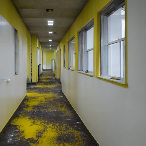 Image similar to abandoned rural offices, uneven hallways, uneven flooring, fluorescent lighting, pale yellow walls with slightly darker yellow stripes
