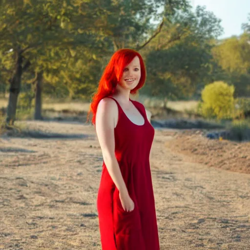 Image similar to portrait of a beautiful woman with red hair, green eyes, wearing a sundress, smiling at the camera, 4 k, sunrise lighting