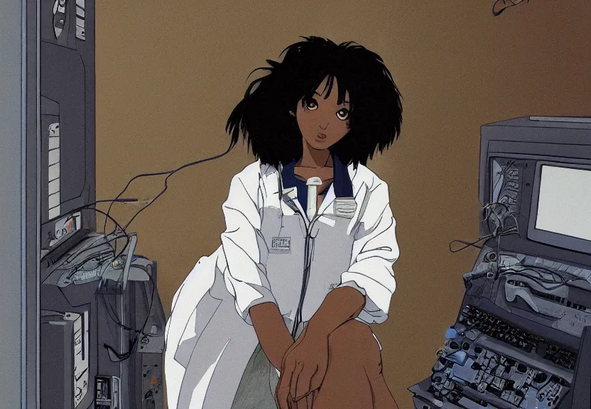 Image similar to dark skin woman wearing a white lab coat with a dark blue wolf haircut to shoulder, body connected to wires and connected to 1 9 8 0 s computers, painted by yoshitoshi abe and makoto shinkai, in the style of serial experiments lain, dynamic lighting, dark ambience, 3 5 mm, cell - shaded, detailed face