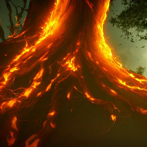Image similar to Tree of hell, Darkness, fire, larvae, rust, black lightning, portal, cinematic, HD, ultra detail, 8k