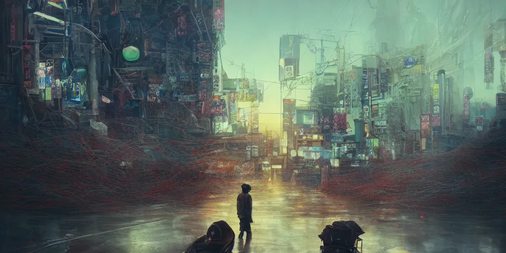 Image similar to lone wanderer in a highly detailed cinematic tokyo suburb, psychedelic, amazing, by feng zhu, wayne barlowe, perfect geometry, hdr, 4 k, hyper - detailed, sharp, beautiful, desaturated, beautiful lighting, oil on canvas, sunset, cinematic composition, trending on artstation, gnomon