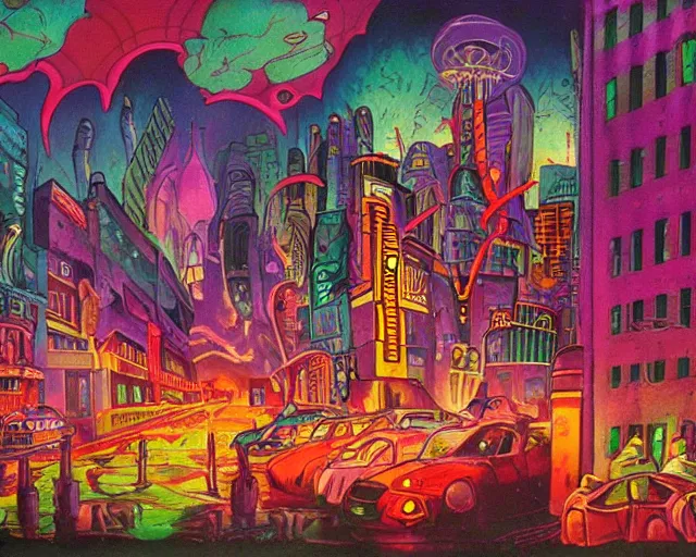 Image similar to surreal colorful nightmarish cityscape, artwork by ralph bakshi