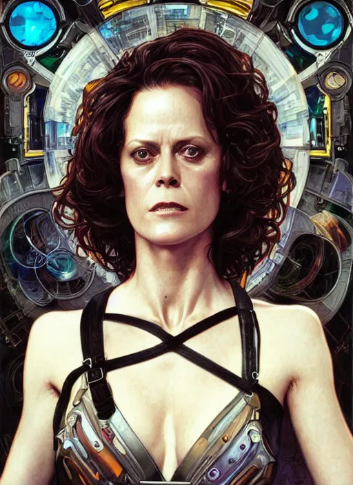 Image similar to Sigourney Weaver as cyberpunk girl, portrait, intricate, elegant, highly detailed, centered, digital painting, artstation, concept art, smooth, sharp focus, illustration, art by artgerm and donato giancola and alphonse mucha